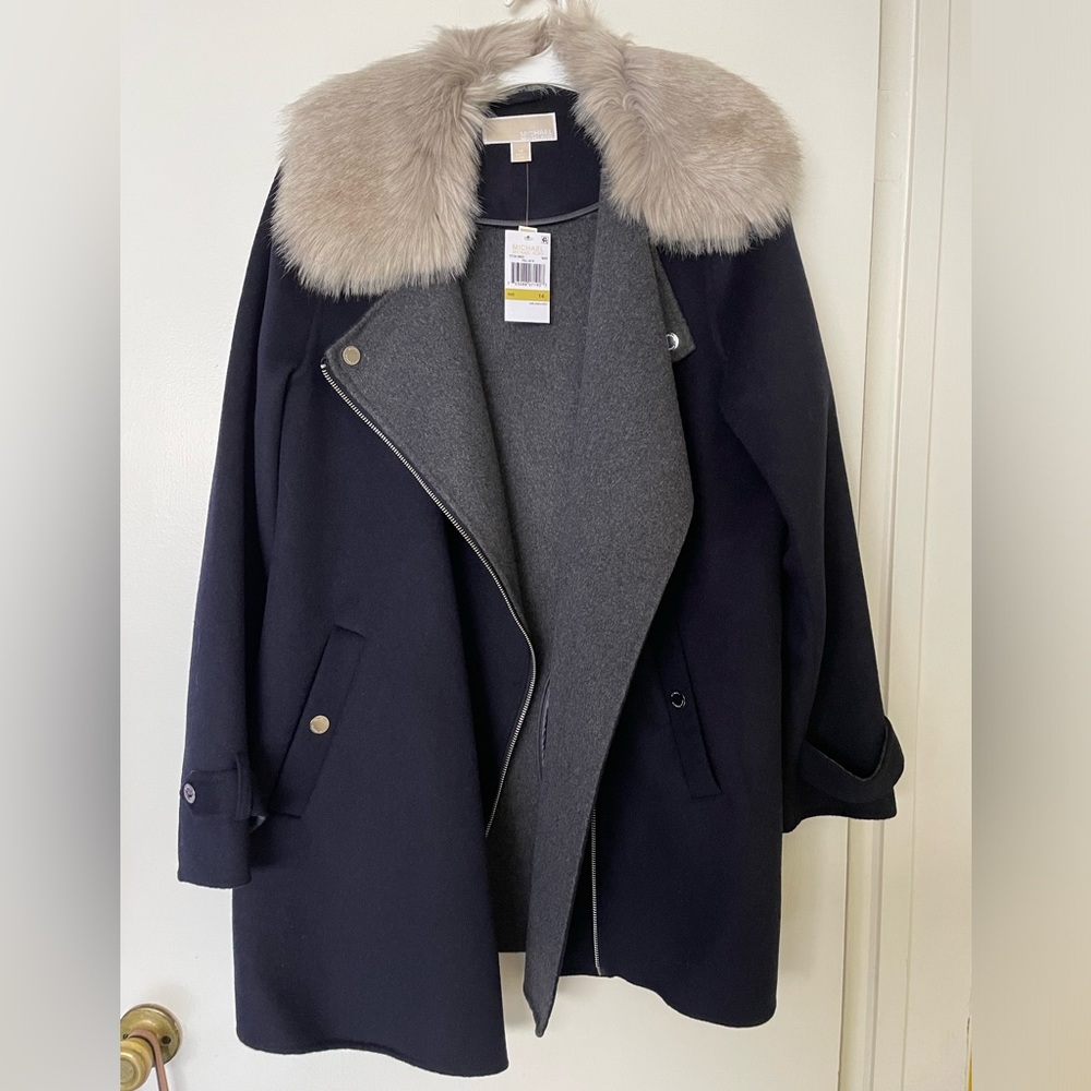 Faux fur coat, very dark navy blue/black, SIZE 14, Michael Kors, soft material.